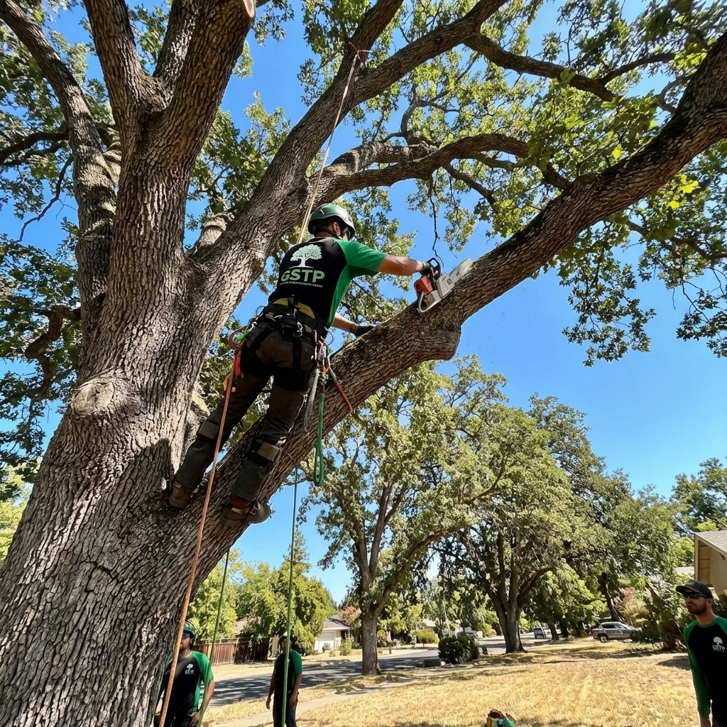 Certified arborist climbing a Sacramento oak tree with chainsaw