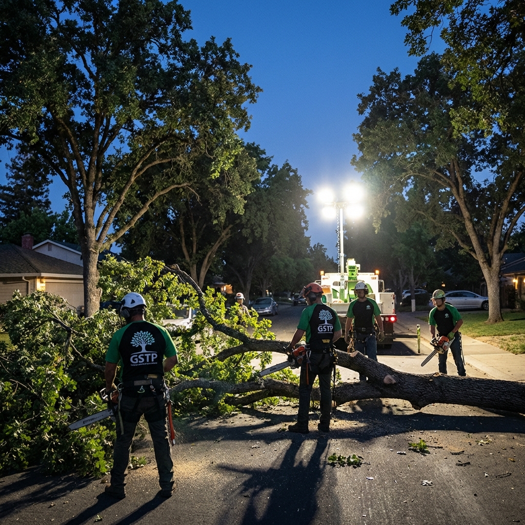 Emergency night tree removal in Sacramento after a storm
