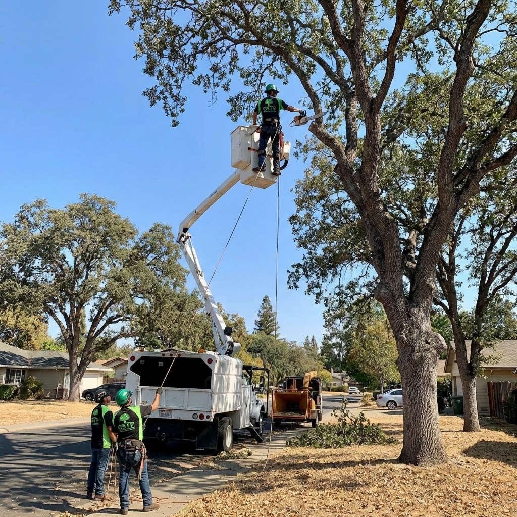 Bucket truck trimming a large oak tree in Sacramento
