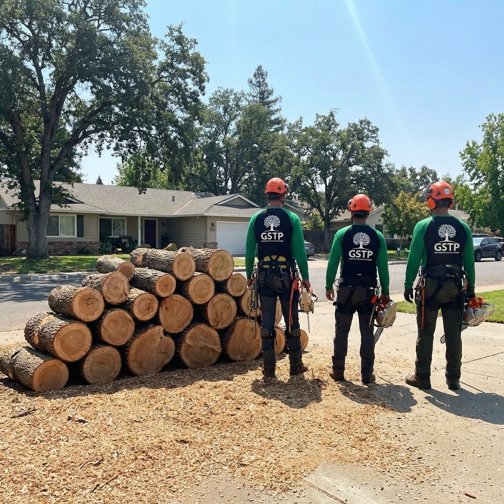 Freshly cut oak logs from a Sacramento tree removal