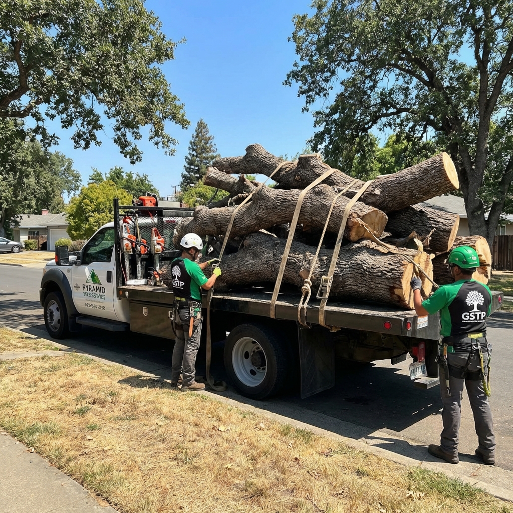 Tree service truck loaded with branches after a Sacramento job