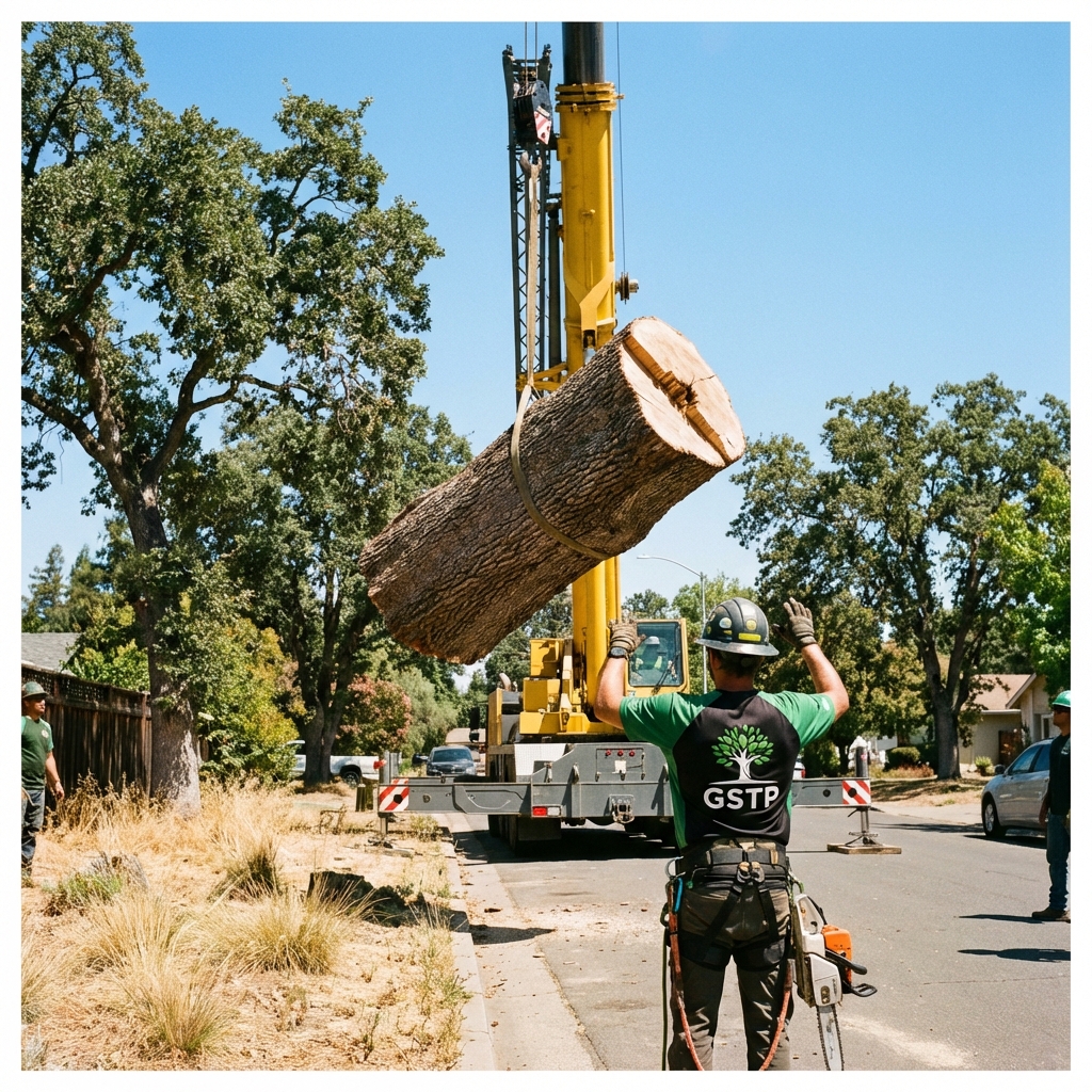 Crane lowering a tree section during a Sacramento removal